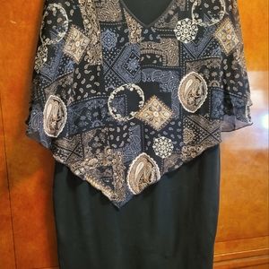 Womens black dress with attached caplet sleeve overlay